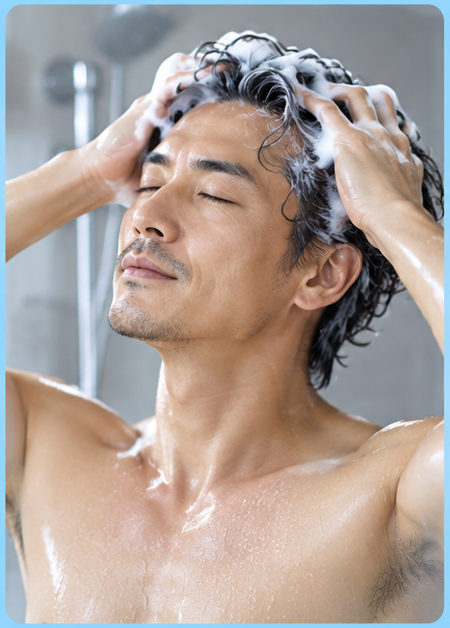 シャンプー後の清潔な頭皮に育毛剤を使うイメージ