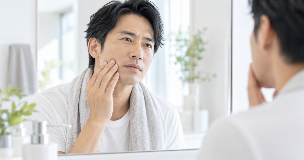 鏡の前で肌の調子を確認する男性のイメージ 必要なら、このあと