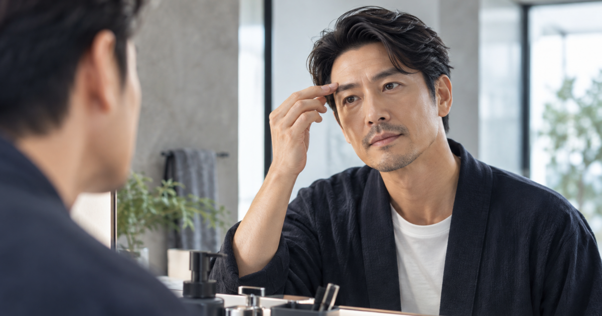 鏡を見ながら眉毛の形を確認する40代男性のイメージ