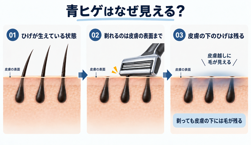 青ヒゲが見える仕組みの3ステップ図。剃刀は皮膚から出た毛を切り、皮膚の下には毛が残ることを示す模式図