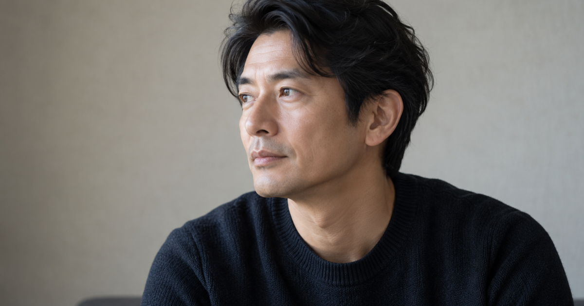 自然な室内光の中で横を向く30〜40代の男性