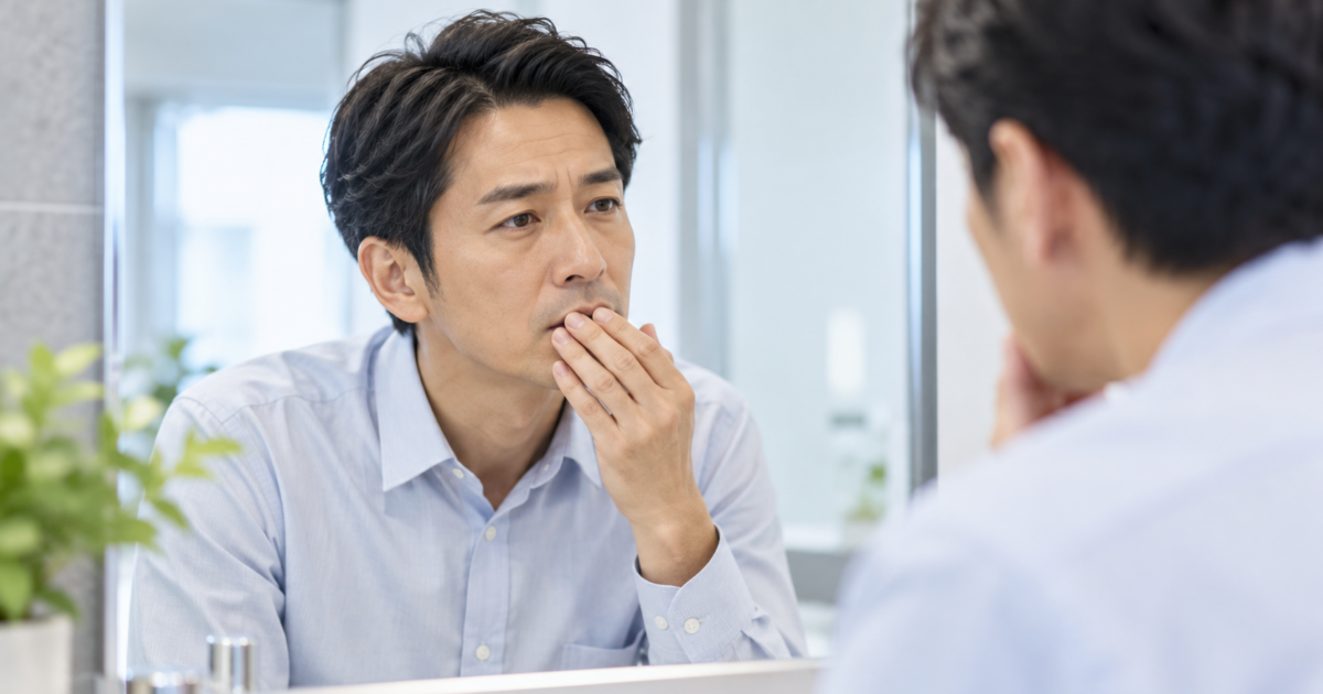 鏡の前で口元を確認する40代男性