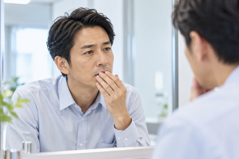 鏡の前で口元を確認する40代男性