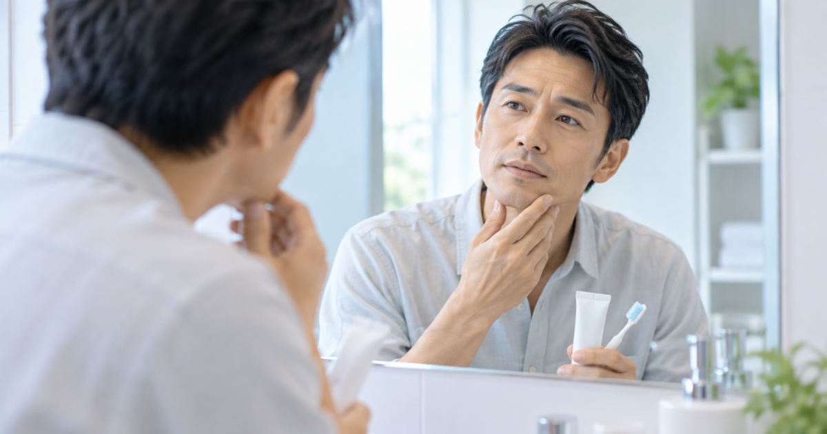 歯ブラシと歯みがき剤を手に鏡を見る40代男性