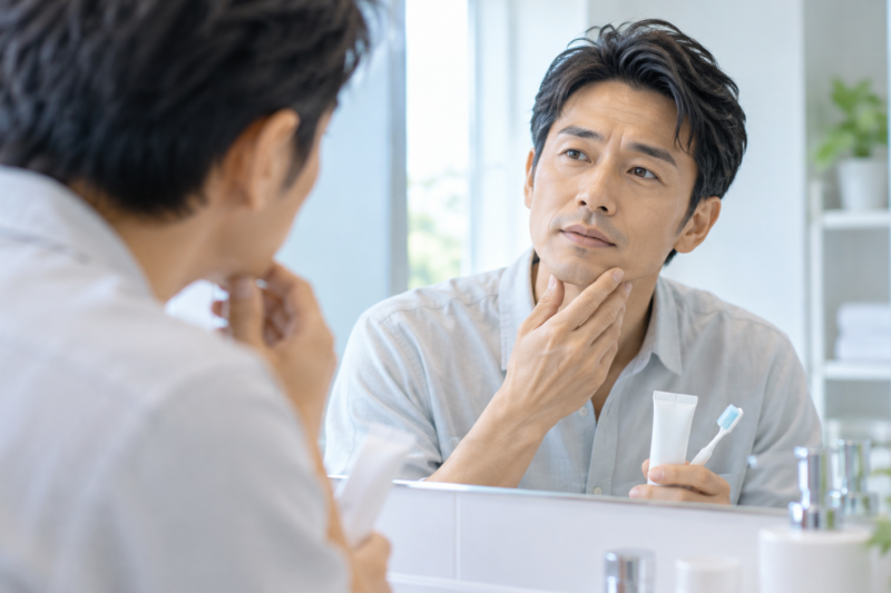 歯ブラシと歯みがき剤を手に鏡を見る40代男性