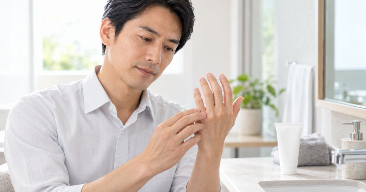 手肌の状態を確認する40代男性