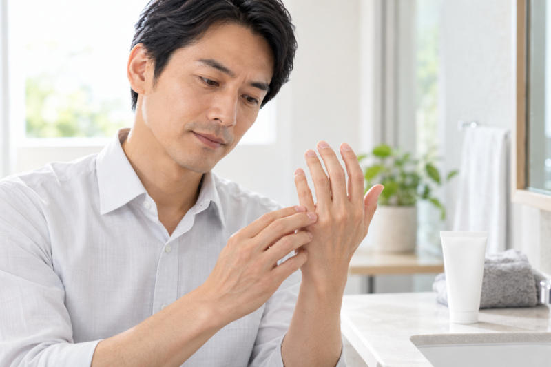 手肌の状態を確認する40代男性