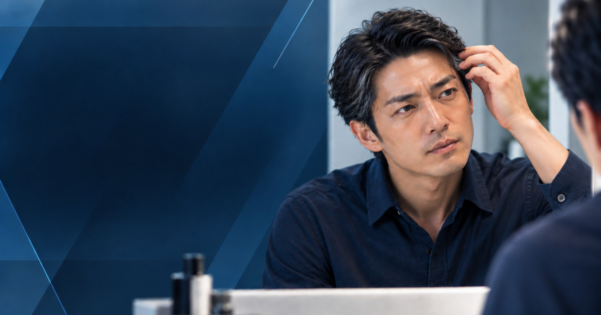 鏡で白髪を確認する40代男性