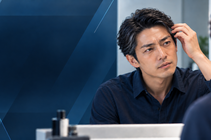 鏡で白髪を確認する40代男性