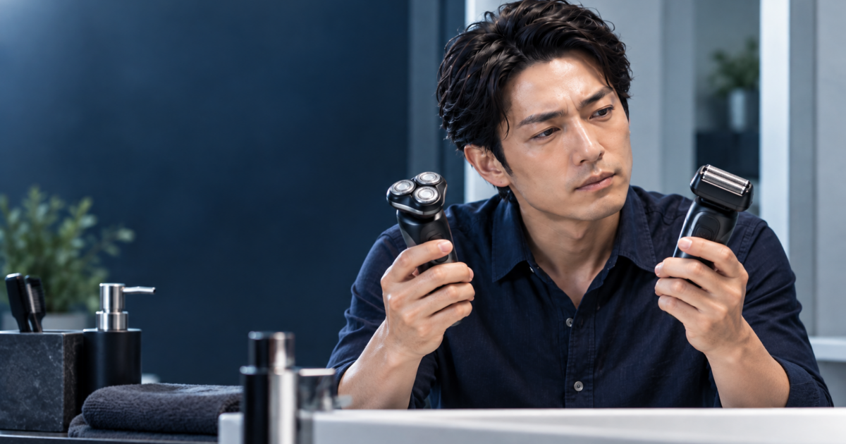 回転式と往復式の電気シェーバーを見比べる男性