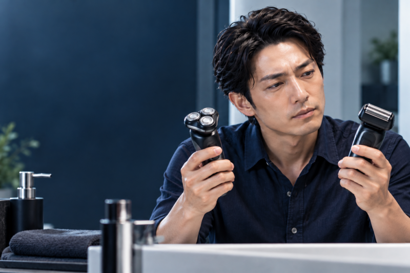 回転式と往復式の電気シェーバーを見比べる男性